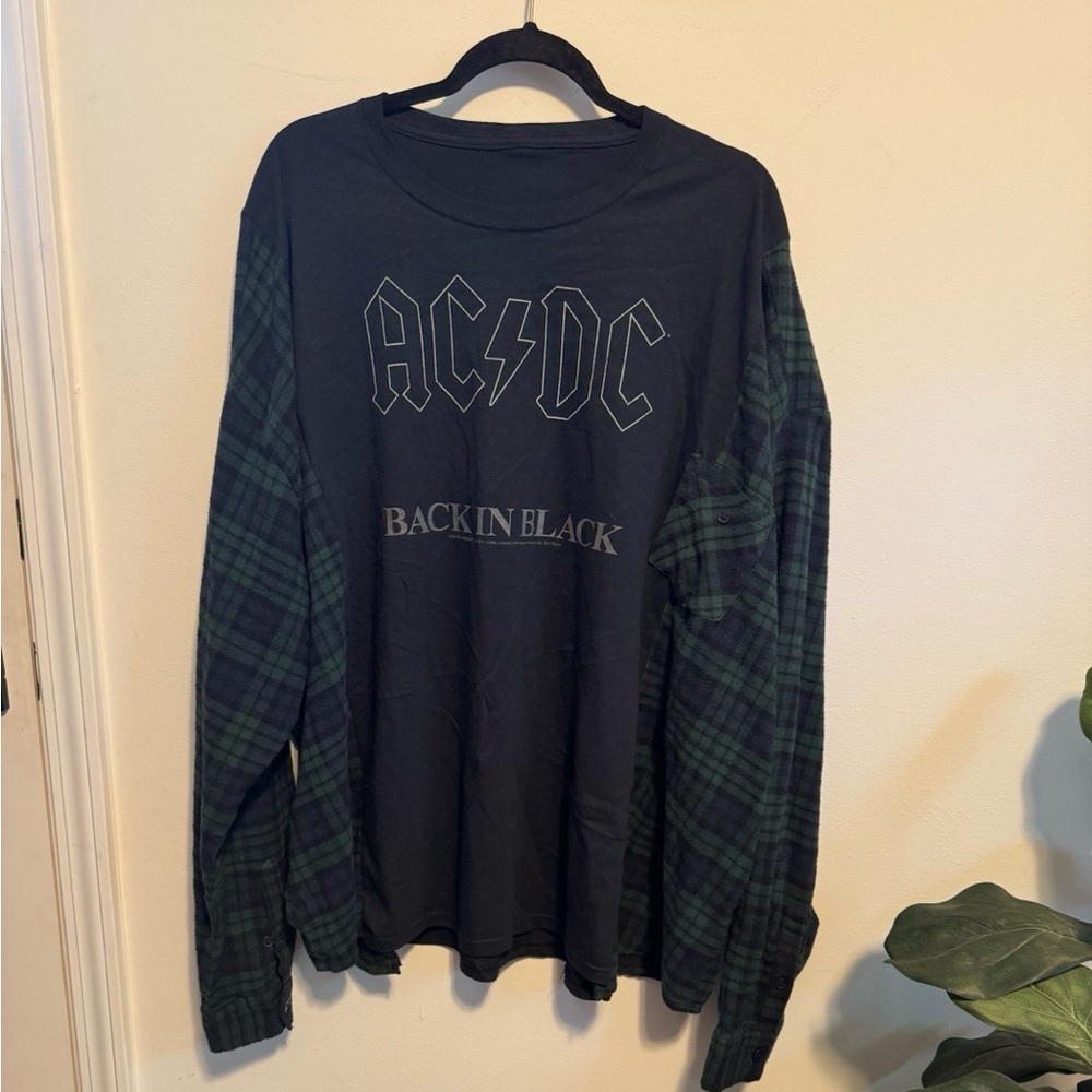 AC/DC Graphic Tee with Black and Green Plaid Long Sleeve Flannel Reworked